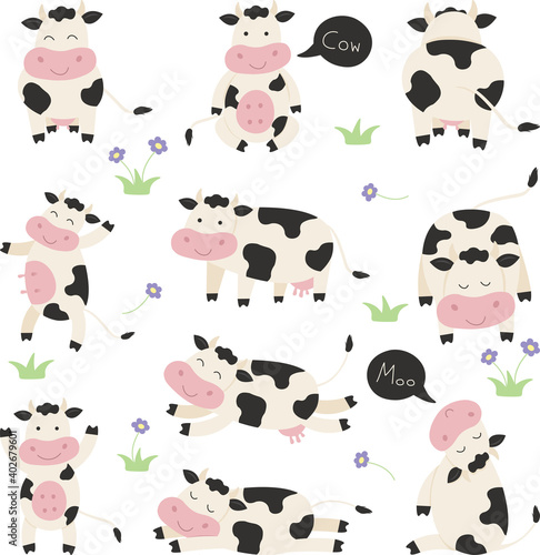Set of cartoon cute cow with various posing, side view, sitting, back, dance, standing, grazing, standing, jump, sleeping and sitting with make a sound moo on white background. Vector illustration.