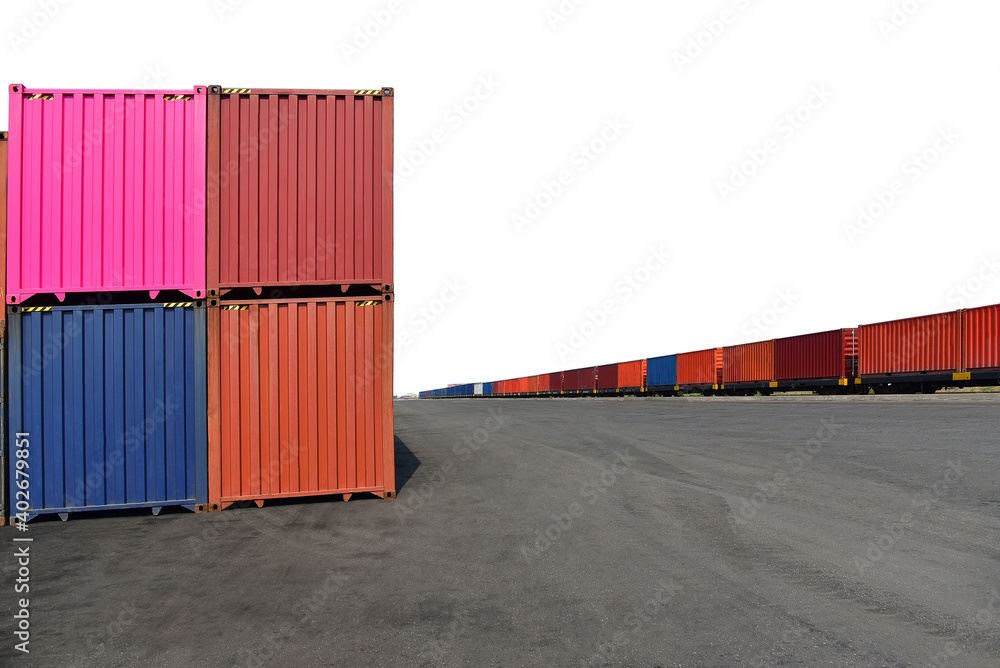 Stack of Containers Cargo Ship Import Export in Harbor Port isolated on white background with clipping paths Stack of Containers Cargo Ship Import Export in Harbor Port isolated on white background with clipping paths