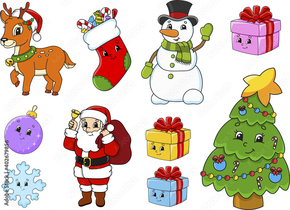 Fototapeta premium Set of stickers with cute cartoon characters. Christmas theme. Hand drawn. Colorful pack. Vector illustration. Patch badges collection. Label design elements. For daily planner, diary, organizer.