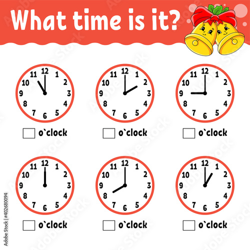 Learning time on the clock. Winter theme. Educational activity worksheet for kids and toddlers. Game for children. Simple flat isolated color vector illustration in cute cartoon style.