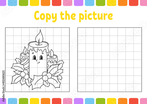 Copy the picture. Winter theme. Coloring book pages for kids. Education developing worksheet. Game for children. Handwriting practice. Funny character. Cute cartoon vector illustration.