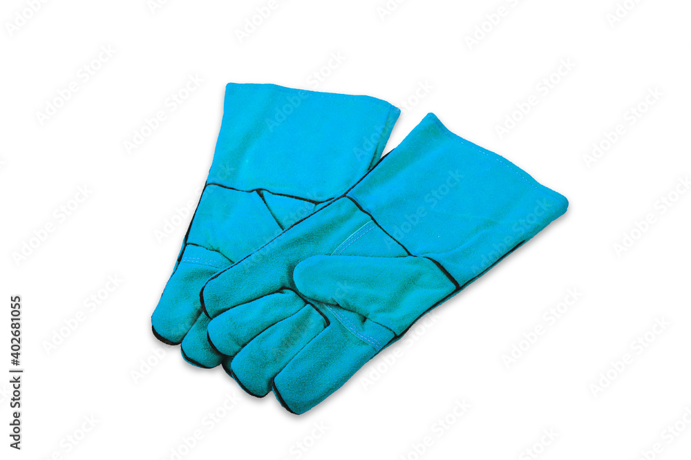 Equipment blue leather Welding Glove isolated on white background