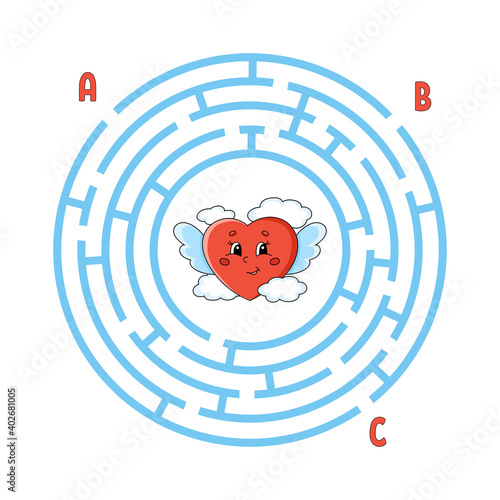 Circle maze. Game for kids. Puzzle for children. Round labyrinth conundrum. Color vector illustration. Find the right path. Education worksheet.
