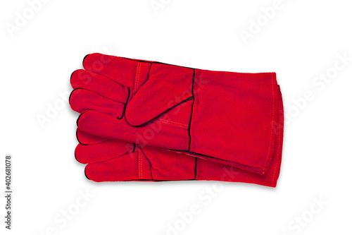Red welding glove welding tools isolated on white background