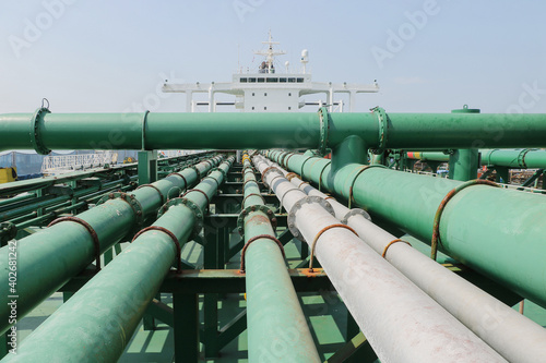 Many pipelines, a view of a pipeline on a tanker parked under maintenance in a shipyard