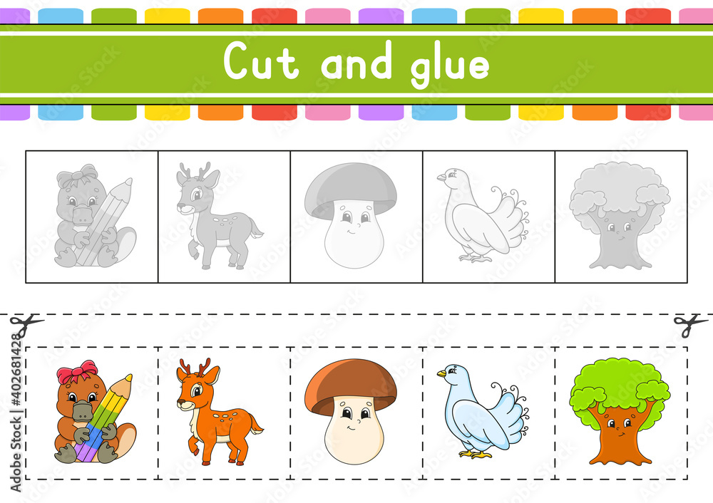 Cut and play. Paper game with glue. Flash cards. Education worksheet. Activity page. Scissors practice. Isolated vector illustration. Cartoon style. Cut and play. Paper game with glue. Flash cards. Education worksheet. Activity page. Scissors practice. Isolated vector illustration. Cartoon style.