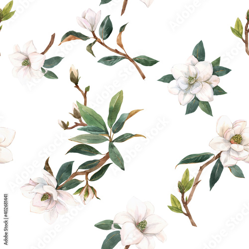 Beautiful seamless pattern with hand drawn watercolor white magnolia flowers. Stock illustration.