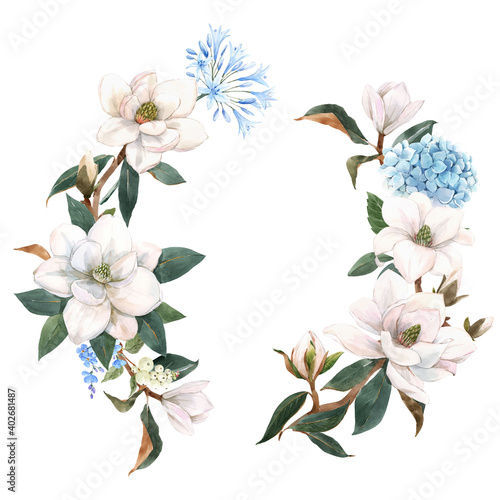 Beautiful stock illustration with gentle hand drawn watercolor floral composition. Magnolia flowers.