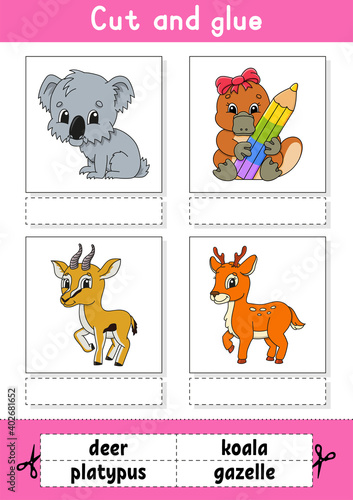Cut and glue. Game for kids. Learn English words. Education developing worksheet. Color activity page. Cartoon character.