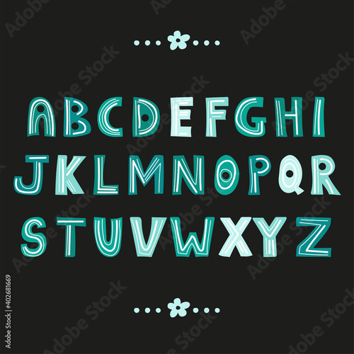 Alphabet letters. Hand drawn vector set isolated on dark background. Kids doodle abc white and blue cartoon sign collection.