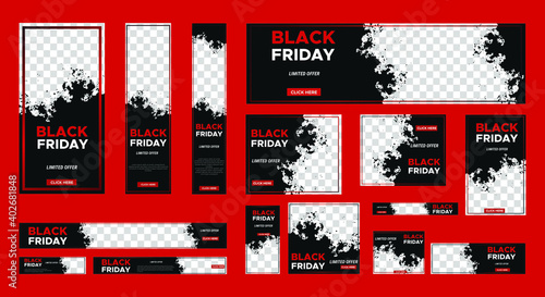 Set of Black friday web banner with place for photo. Sale Ads banner. vertical, horizontal and square template. Vector EPS 10