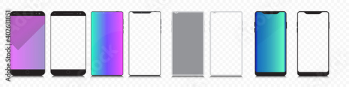 Realistic models smartphone with transparent screens. Smartphone mockup collection. Device front view. 3D mobile phone with shadow on transparent background