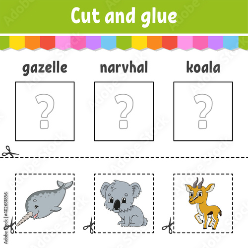 Cut and glue. Game for kids. Learn English words. Education developing worksheet. Color activity page. Cartoon character.