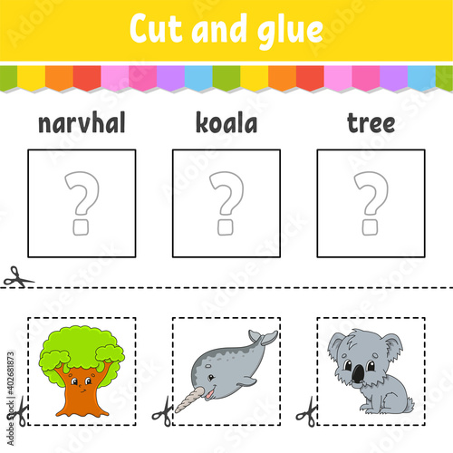 Cut and glue. Game for kids. Learn English words. Education developing worksheet. Color activity page. Cartoon character.