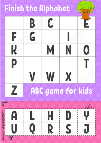 Finish the alphabet. ABC game for kids. Cut and glue. Education developing worksheet. Learning game for kids. Color activity page.