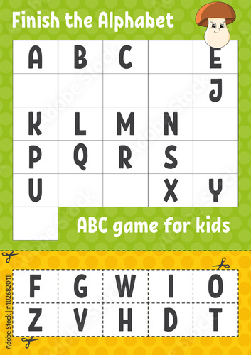 Finish the alphabet. ABC game for kids. Cut and glue. Education developing worksheet. Learning game for kids. Color activity page.