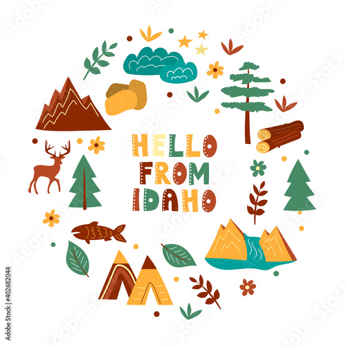 USA collection. Hello from Idaho theme. State Symbols round shape card
