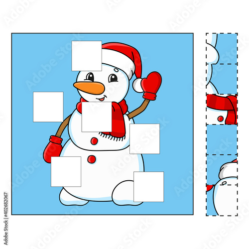 Puzzle game for kids. Cut and paste. Cutting practice. Learning shapes. Education worksheet. Winter theme. Activity page. Cartoon character.