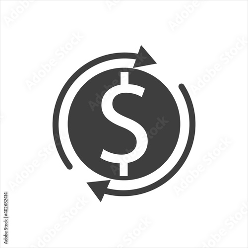 Black round cashback refund mark icon, simple foreign financial investment check flat design vector pictogram, infographic interface elements for app logo web button ui ux isolated on white background