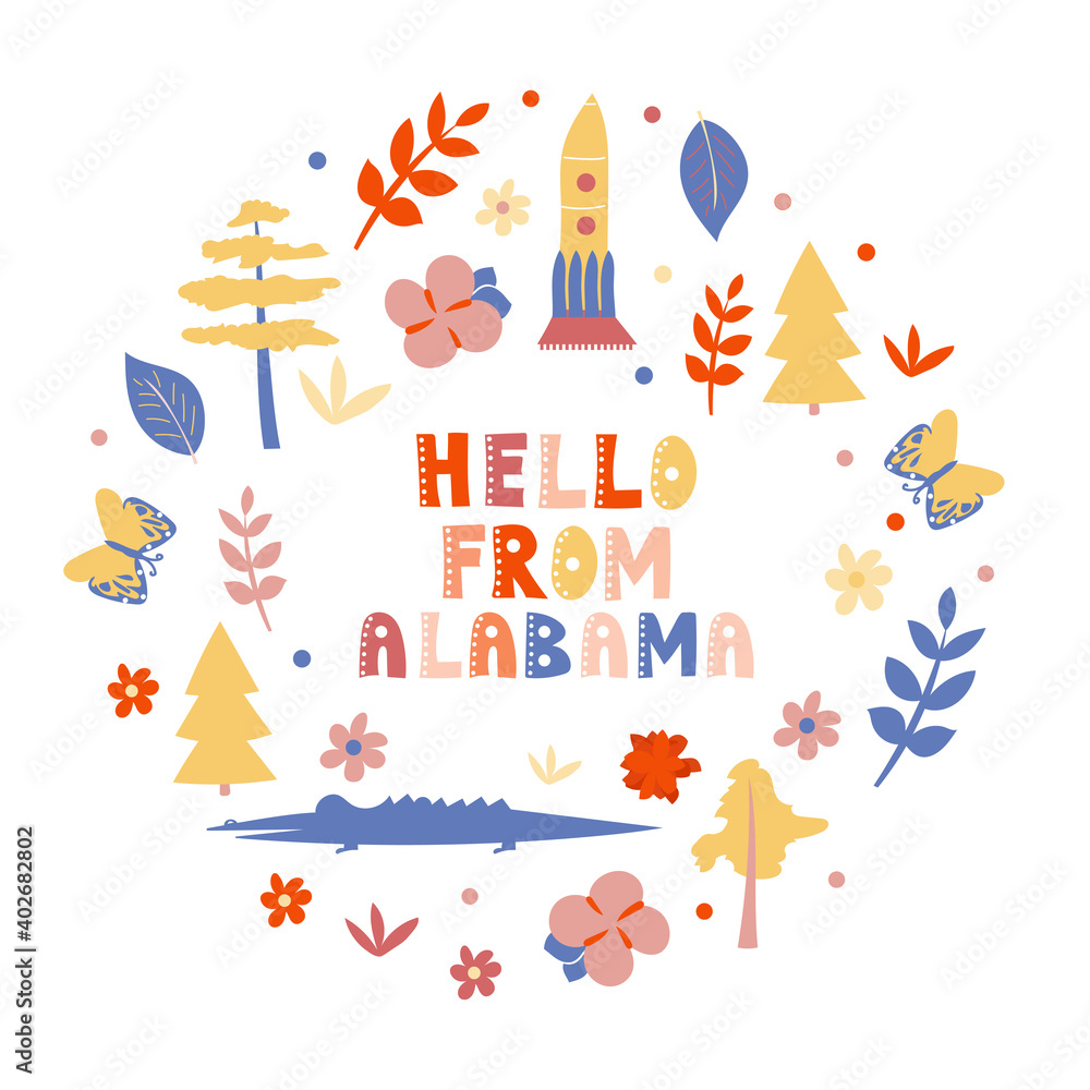 USA collection. Hello from Alabama theme. State Symbols round shape card
