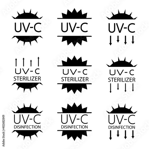 Information signs for packaging markings with UV devices inside. UV-C sterilizer and disinfection stamp symbols. Sanitation device information sign. Round badges. Vector