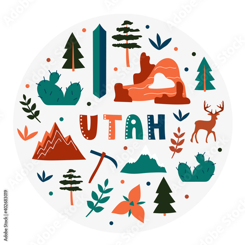 USA collection. Vector illustration of Utah theme. State Symbols - round shape