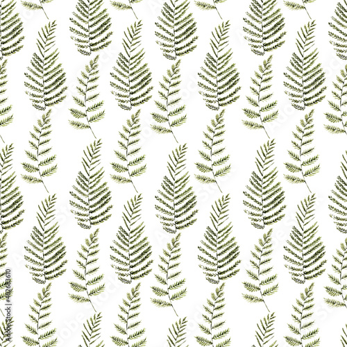 Watercolor seamless pattern with stylized fern leaves 