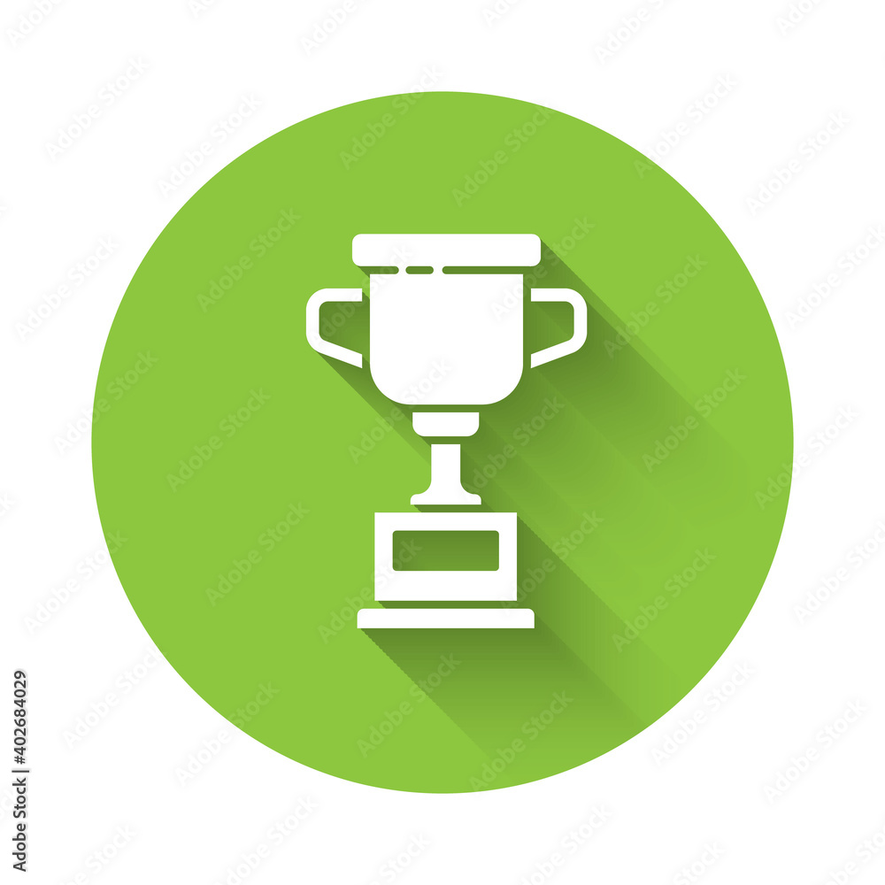 White Award cup icon isolated with long shadow. Winner trophy symbol. Championship or competition trophy. Sports achievement sign. Green circle button. Vector Illustration. White Award cup icon isolated with long shadow. Winner trophy symbol. Championship or competition trophy. Sports achievement sign. Green circle button. Vector Illustration.