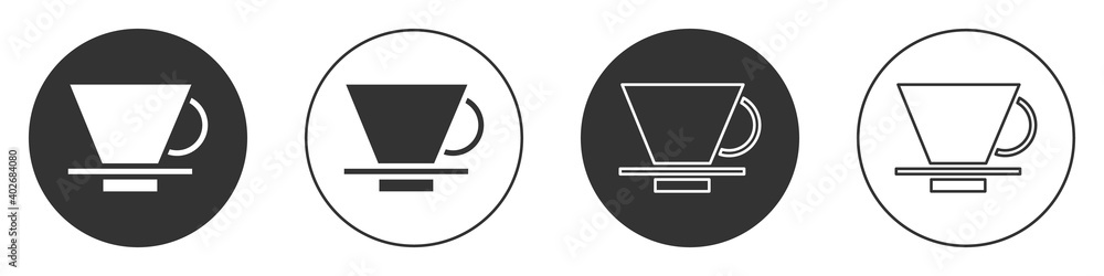 Black V60 coffee maker icon isolated on white background. Circle button. Vector Illustration. Black V60 coffee maker icon isolated on white background. Circle button. Vector Illustration.
