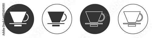 Black V60 coffee maker icon isolated on white background. Circle button. Vector Illustration.