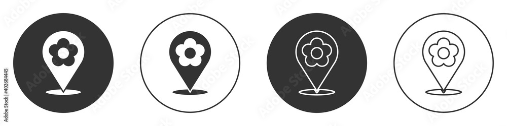 Black Location with flower icon isolated on white background. Circle button. Vector Illustration. Black Location with flower icon isolated on white background. Circle button. Vector Illustration.