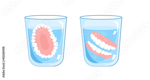 False jaw in glass with water.Top,front view.Denture,a removable plate or frame holding artificial teeth.Dental hygiene.Orthodontics and oral surgery.Crown,veneers,beautiful smile.Banner for clinic