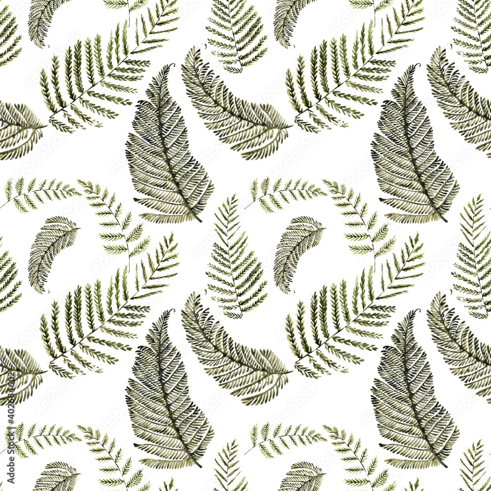 Watercolor seamless pattern with stylized fern leaves
