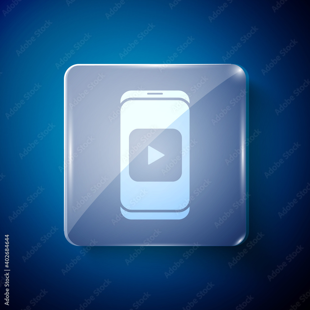 White Online play video icon isolated on blue background. Smartphone and film strip with play sign. Square glass panels. Vector Illustration. White Online play video icon isolated on blue background. Smartphone and film strip with play sign. Square glass panels. Vector Illustration.