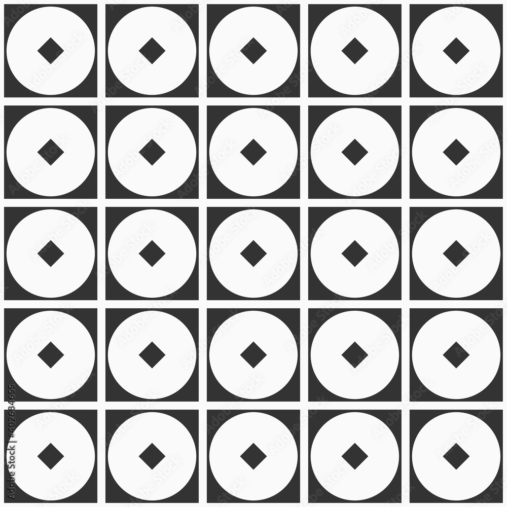 Abstract geometric seamless pattern with squares, circles and rhombuses. Repeating geometric ornament. Simple graphic print. Vector monochrome background. Abstract geometric seamless pattern with squares, circles and rhombuses. Repeating geometric ornament. Simple graphic print. Vector monochrome background.