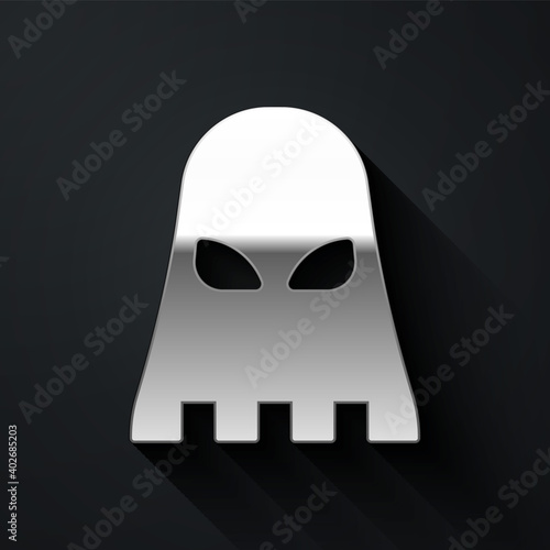 Silver Executioner mask icon isolated on black background. Hangman, torturer, executor, tormentor, butcher, headsman icon. Long shadow style. Vector.