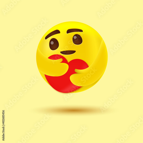3d Care emoji for social network emoticon with a red heart with both hands - glossy eyes hugging - showing care