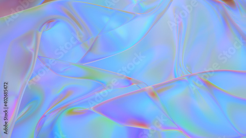 Polyethylene. Transparent Rainbow Plastic or Glass. Holographic Rainbow foil. Neon background. Abstract 3D rendering
