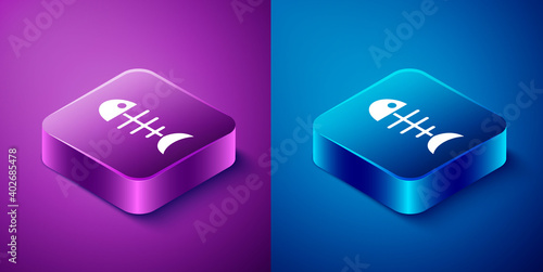 Isometric Fish skeleton icon isolated on blue and purple background. Fish bone sign. Square button. Vector.