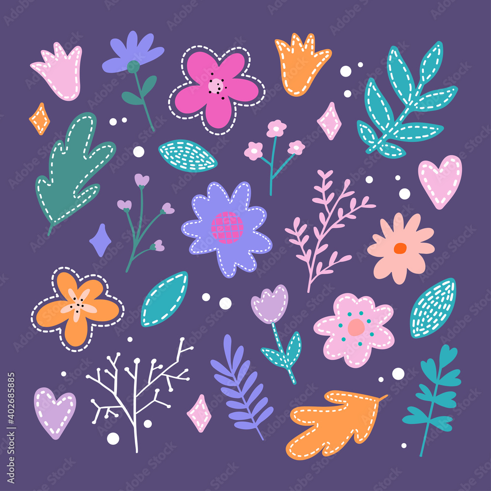 Set of flat Spring flower icons in silhouette isolated on white. Cute retro illustrations in bright colors for stickers, labels, tags, scrapbooking. Set of flat Spring flower icons in silhouette isolated on white. Cute retro illustrations in bright colors for stickers, labels, tags, scrapbooking.