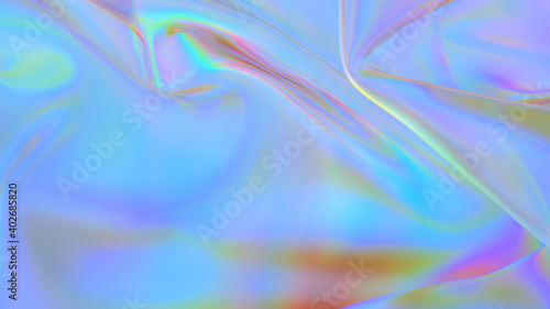 Polyethylene. Transparent Rainbow Plastic or Glass. Holographic Rainbow foil. Neon background. Abstract 3D rendering