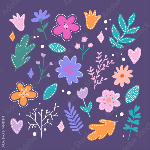 Set of flat Spring flower icons in silhouette isolated on white. Cute retro illustrations in bright colors for stickers  labels  tags  scrapbooking.