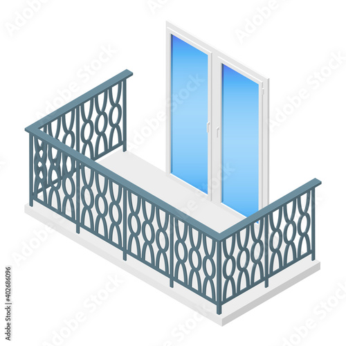 Isometric vector illustration balcony with metal railing isolated on white background. Modern balcony vector icon in flat cartoon style. Metal plastic PVC laminated wood grain balcony doors.