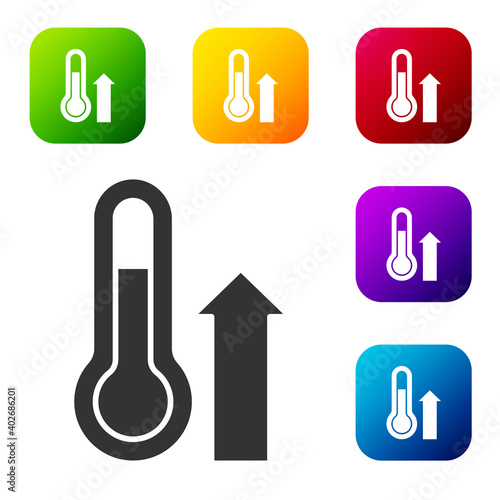 Black Meteorology thermometer measuring icon isolated on white background. Thermometer equipment showing hot or cold weather. Set icons in color square buttons. Vector.