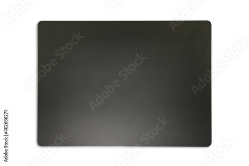 Close-up top view of laptop in black color on white background