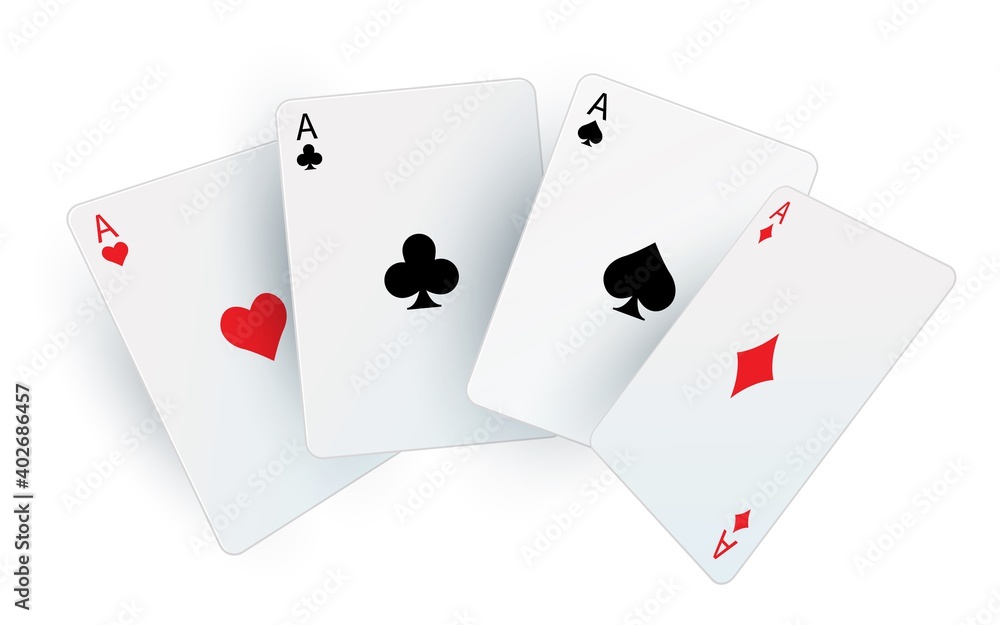 Playing poker cards. Realistic fan of aces. Isolated square white cardboards. Black and red suit signs. Equipment for casino. Lucky combination in gambling. Risky games and bet, vector illustration Playing poker cards. Realistic fan of aces. Isolated square white cardboards. Black and red suit signs. Equipment for casino. Lucky combination in gambling. Risky games and bet, vector illustration