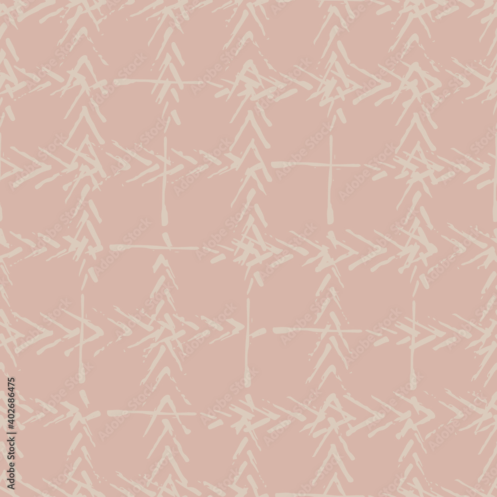 Mono print style leaf grid seamless vector pattern background. Simple lino cut effect painterly outline foliage on pink backdrop. Abstract weave criss cross design. Geometric all over print