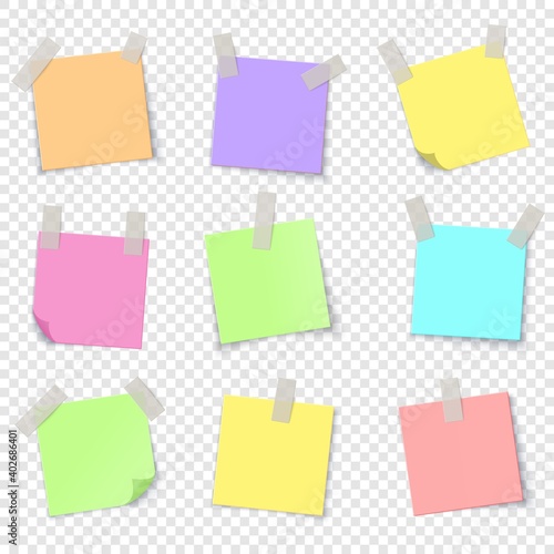 Notepaper. Realistic colorful papers with adhesive tape. Blank stickers, glued reminders on transparent background. Collection of isolated notepad sheets with folded corners and copy space, vector set