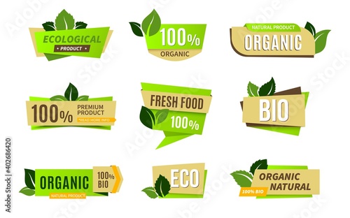 Ecology icon. Colorful tags for natural and organic products. Green square labels with floral elements and lettering. Isolated eco or bio signs. Stickers with leaves. Fresh nutrition, vector set