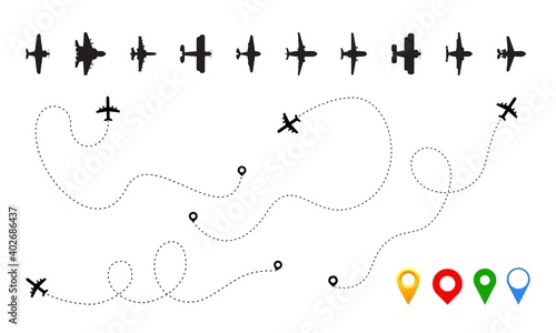 Airplane path. Plane silhouettes with route. Aircraft tracking. Outlines of civil and military aircraft. Modern and historical air vehicles. Isolated location signs. Dotted traffic tracks, vector set